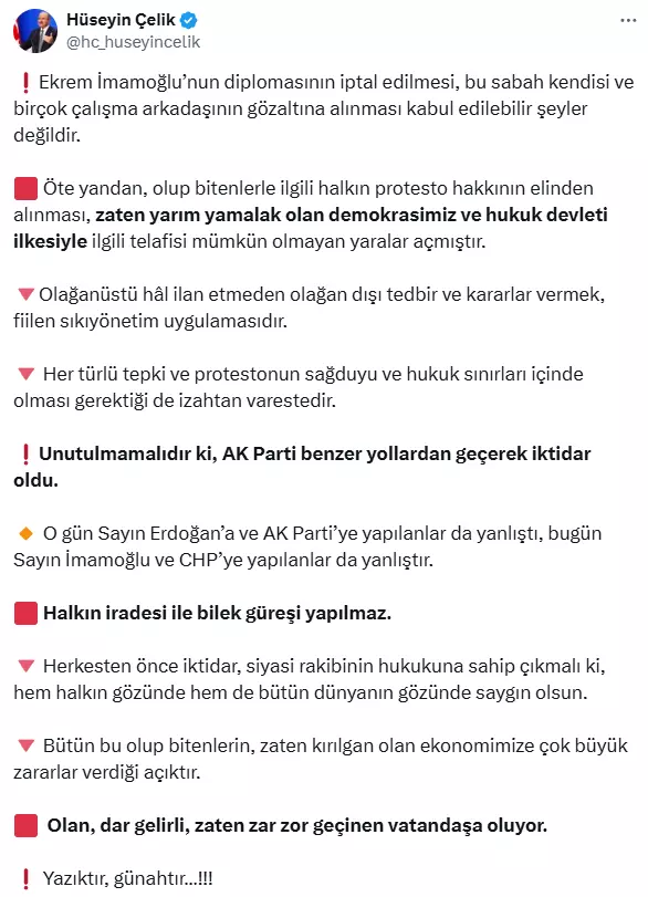 Hüseyin Çelik Imamoğlu Tepkisi