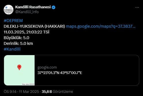 Kandilli Hakkari Deprem