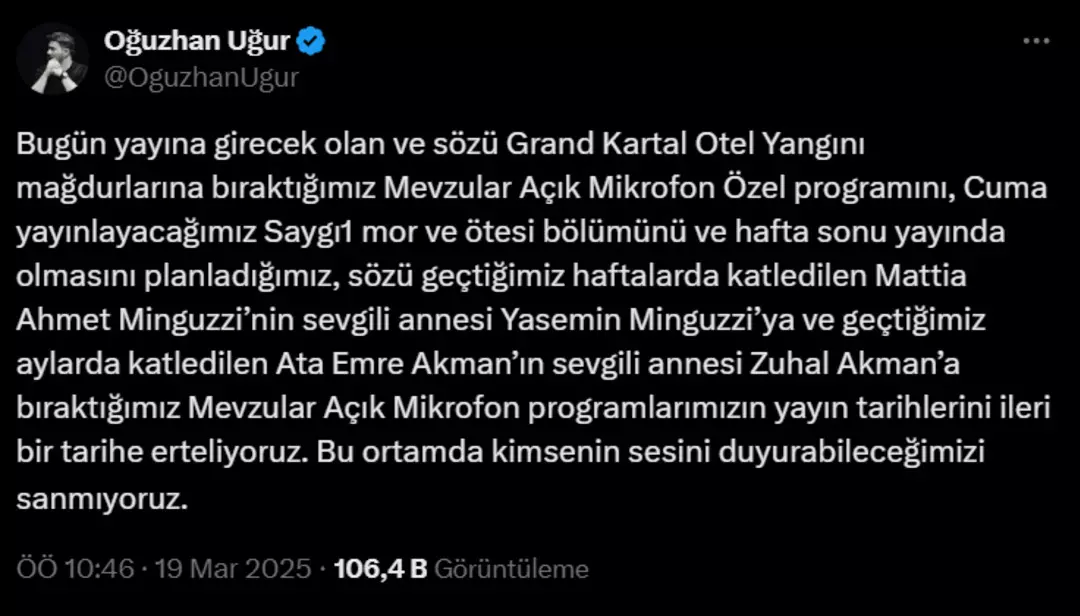 Oğuzhan Uğur Tüm Yayınlarını İptal Etti