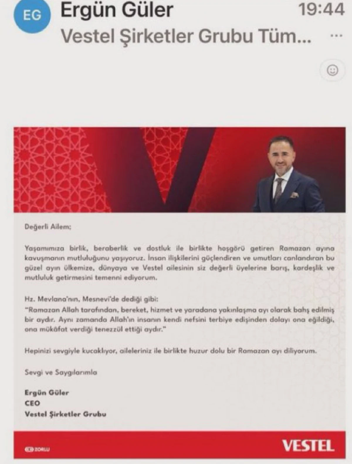 Vestel CEO'sundan Ramazan tebrik mesajı
