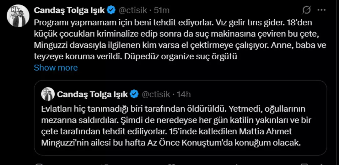 Candaş Tolga Işık’a tehdit mesajları