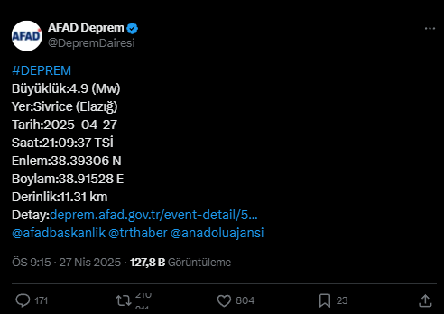 Elazığ Deprem Son Dakika