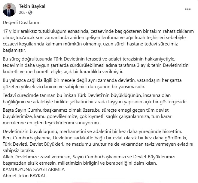Tedavi süreci dışarıda devam edecek