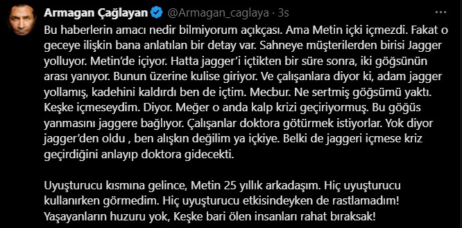 "Metin 25 yıllık arkadaşım, yasaklı madde kullanırken görmedim"