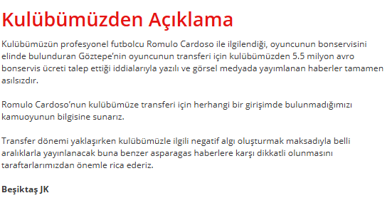 Beşiktaş Romulo Açıklama