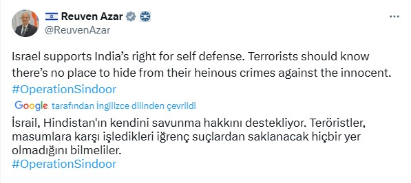 İsrail'den Hindistan'a destek