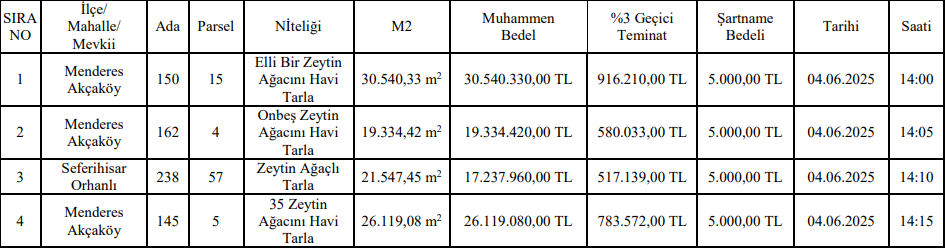 İzmir Menderes Taşınmaz Satışı