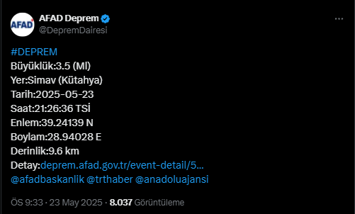 Kütahya Simav Deprem Afad