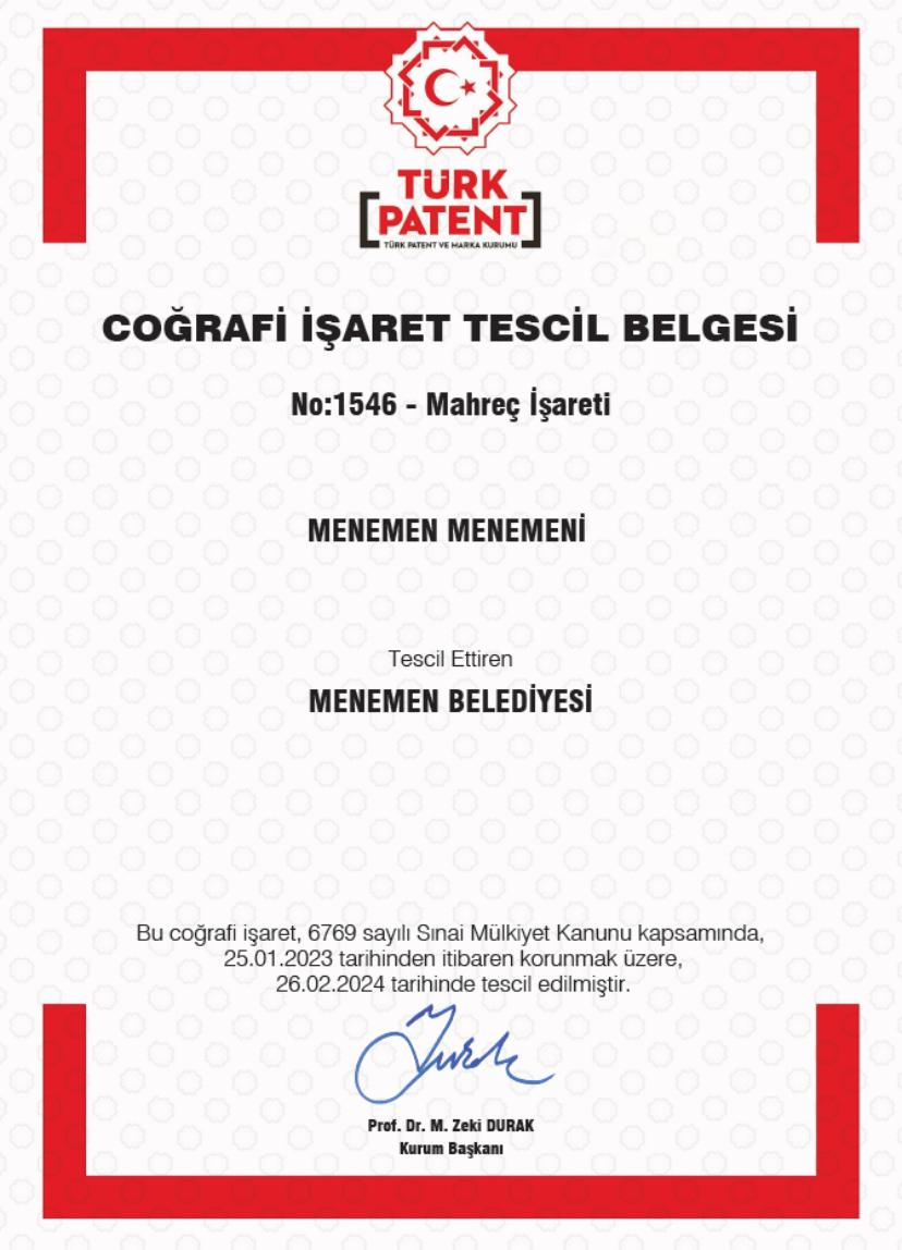 Menemen coğrafi işaret tescil belgesi