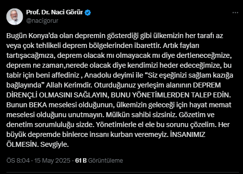 Naci Görür Konya Deprem Paylaşım