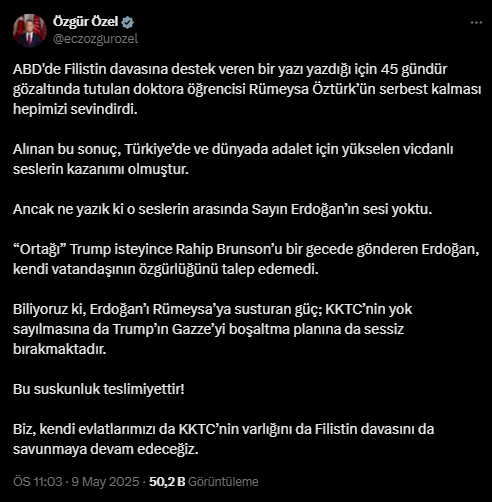 Özgür Özel Rümeysa Öztürk Paylaşımı