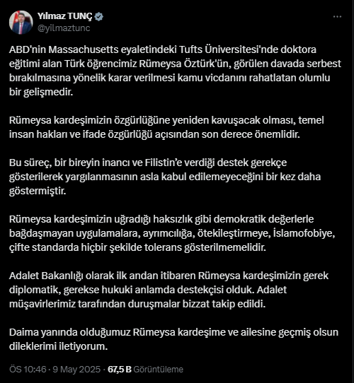 Yılmaz Tunç Rümeysa Öztürk Paylaşımı