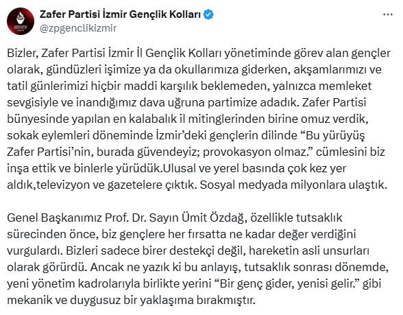 Zafer Partisi izmir gençlik kolları istifa etti