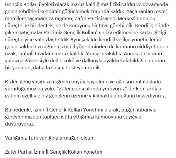 Zafer Partisi izmir gençlik kolları istifa etti