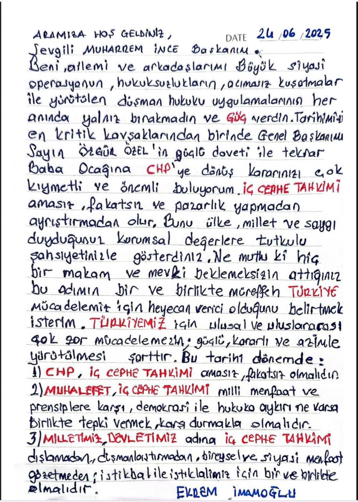 İmamoğlu'ndan İnce'ye teşekkür mektubu