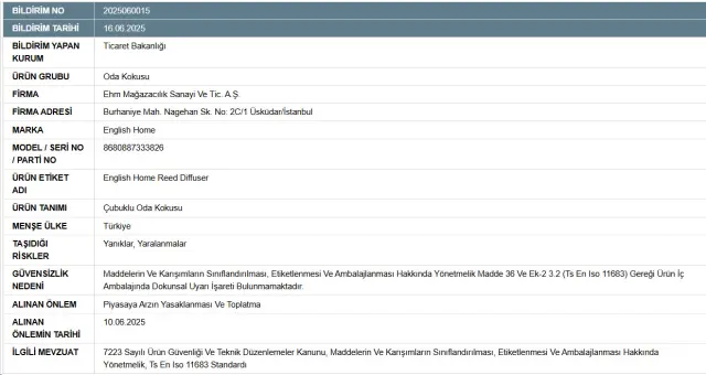 Ticaret Bakanlığı English Home'un O Ürününü Yasakladı