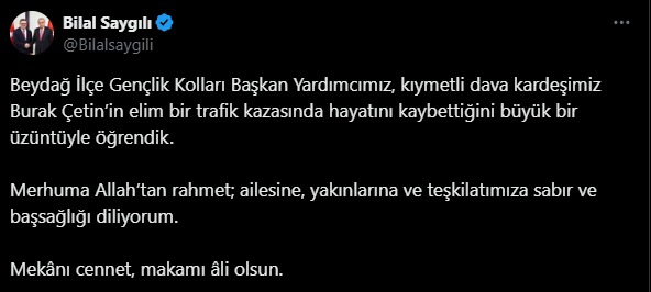 AK Parti İzmir İl Başkanı Bilal Saygılı'dan taziye mesajı