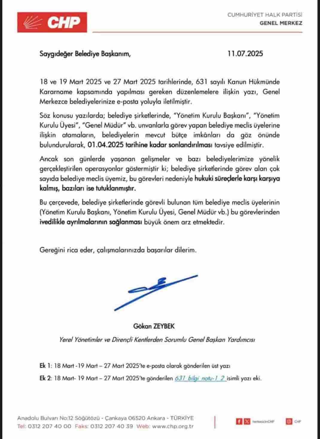 Gökan Zeybek'den belediye başkanlarına çağrı