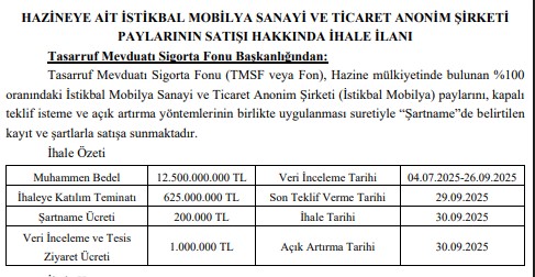 İhale kararı Resmi Gazete'de yayımlandı.