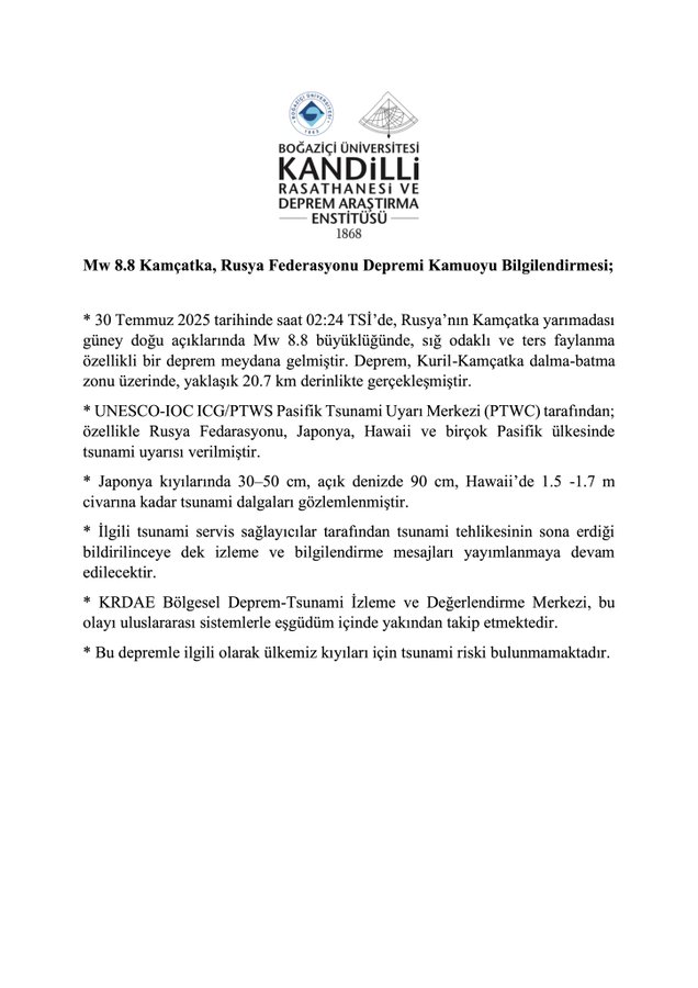 Tsunami uyarısı yapıldı