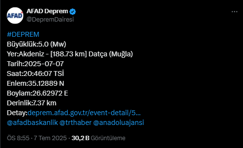Muğla Datça Deprem Afad