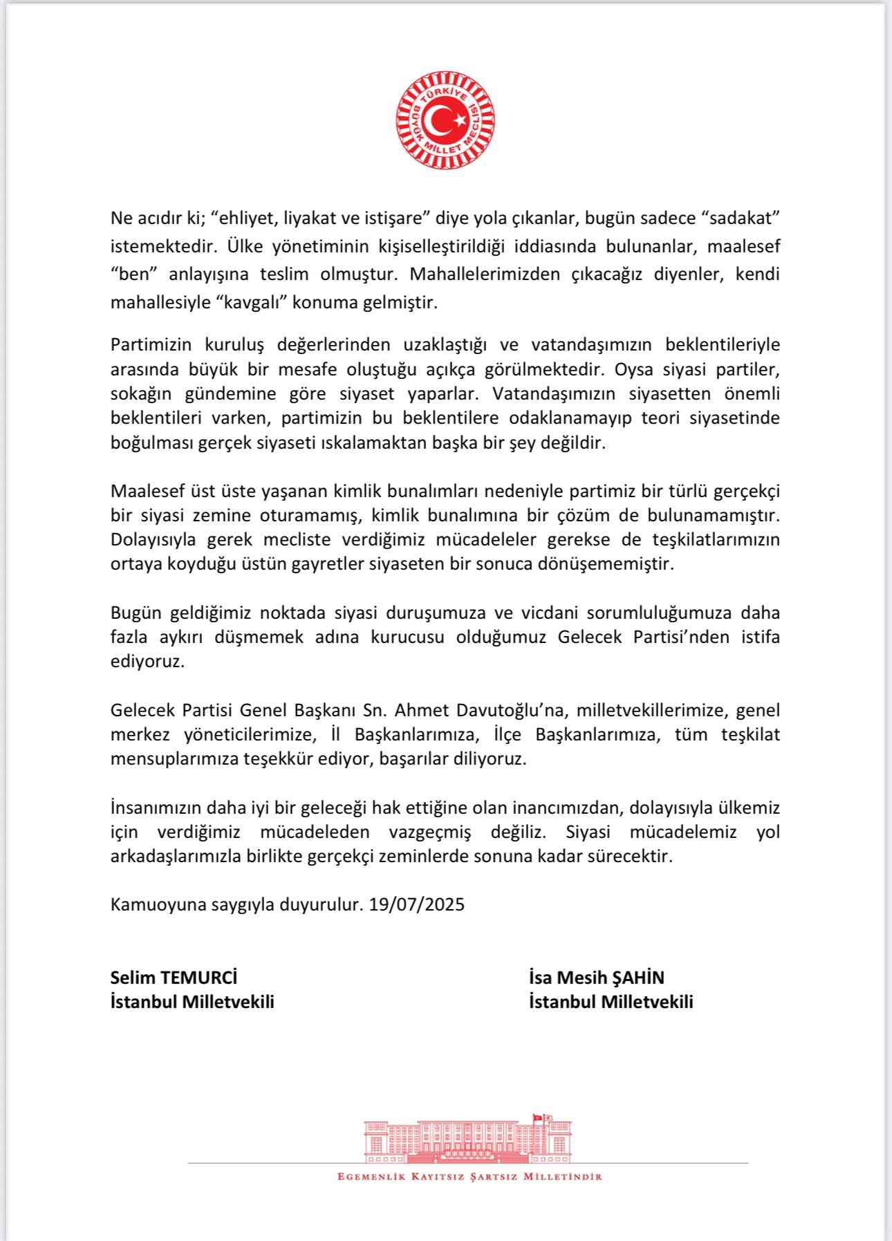 Temurci ve Şahin'den ortak istifa açıklaması