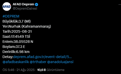 Kahramanmaraş Nurhak Deprem