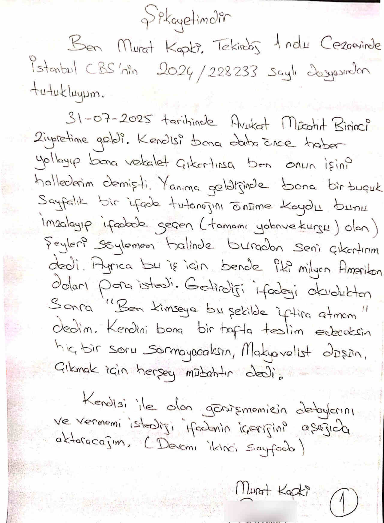 Murat Kapki şikayet dilekçesi