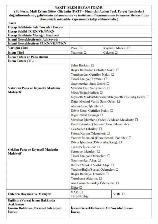 Nakit Işlem Beyan Formu