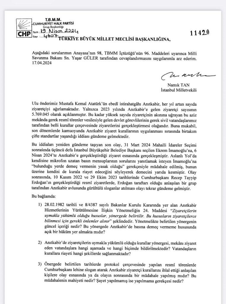 Namık Tan soru önergesi