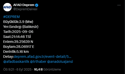 Afad Balıkesir Sındırgı Deprem