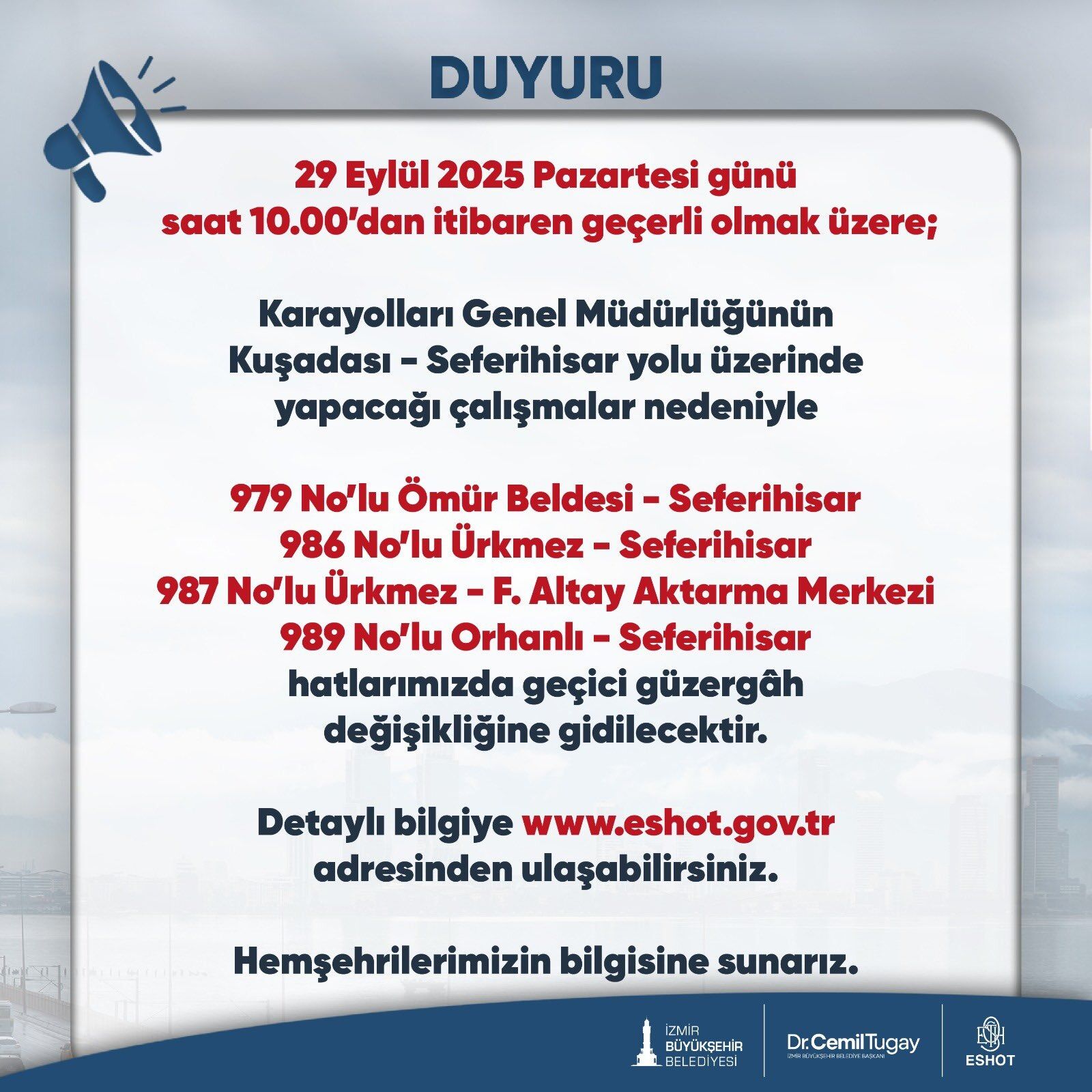 İptal edilen duraklar ve hizmet verilemeyecek bölgeler