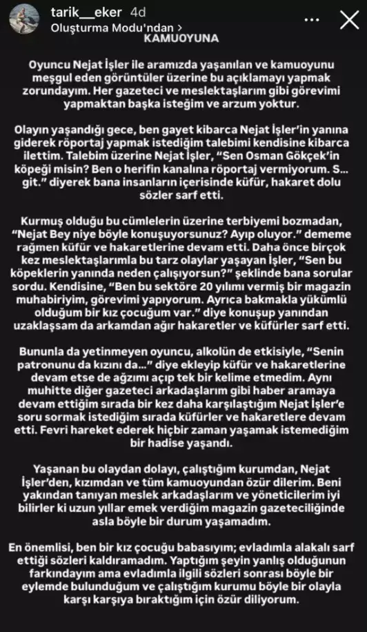 Tarık Eker’den özür geldi