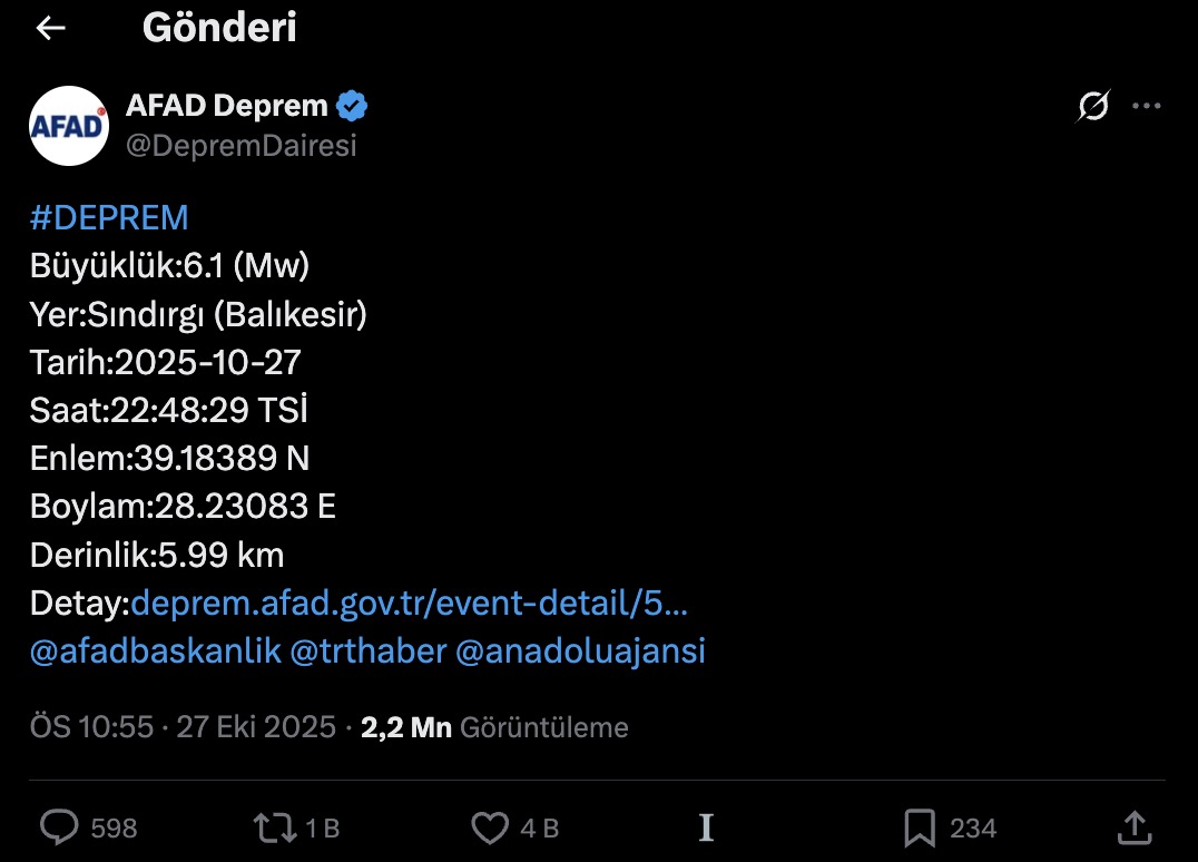 Balikesir Depremi Afad