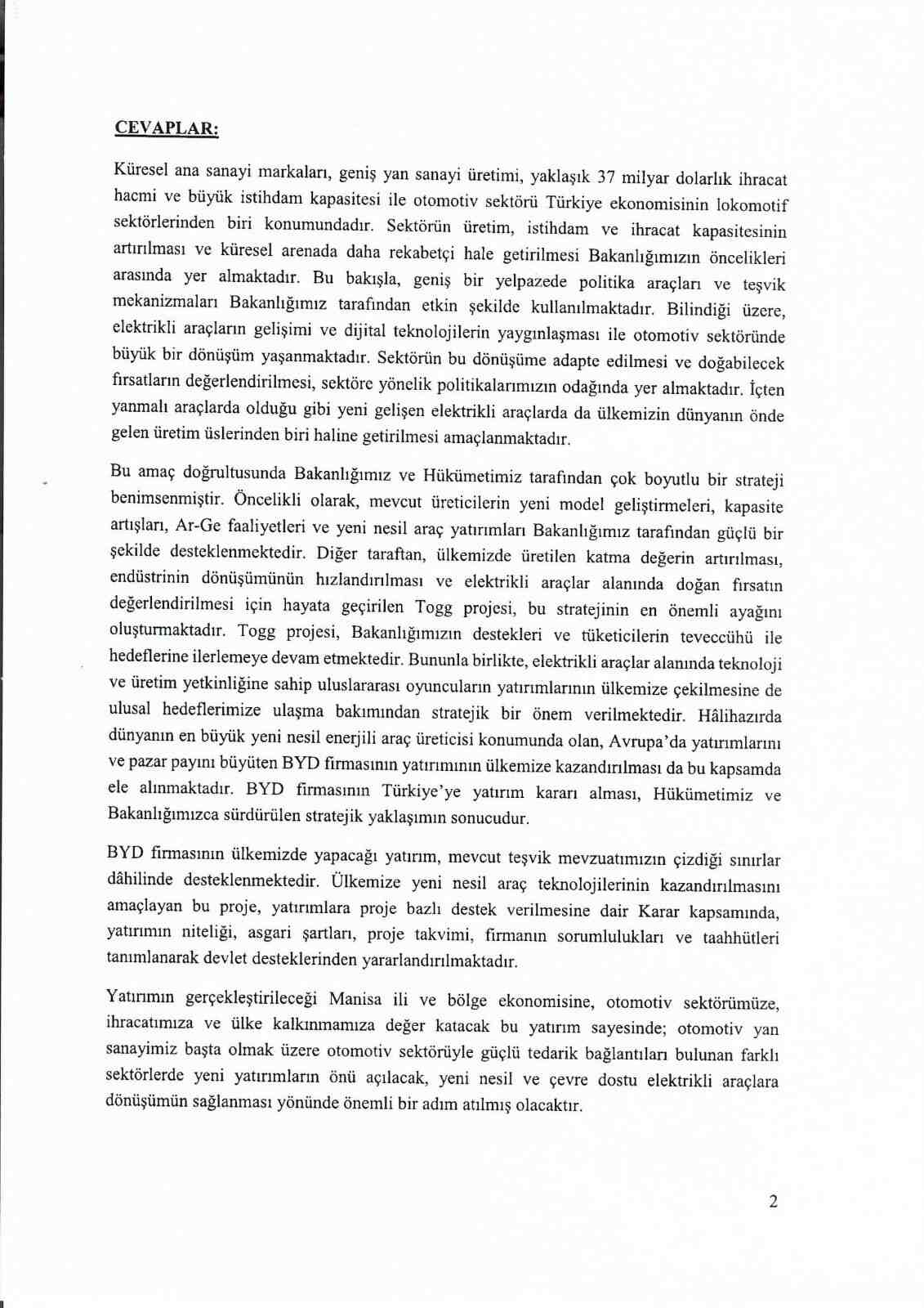 BYD'nin Manisa'daki yatırımını sordu, bu cevap geldi