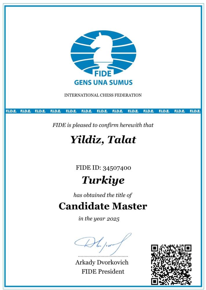 Çeşme Belediyespor Kulübü Satranç Sporcusu Talat Yıldız 1,