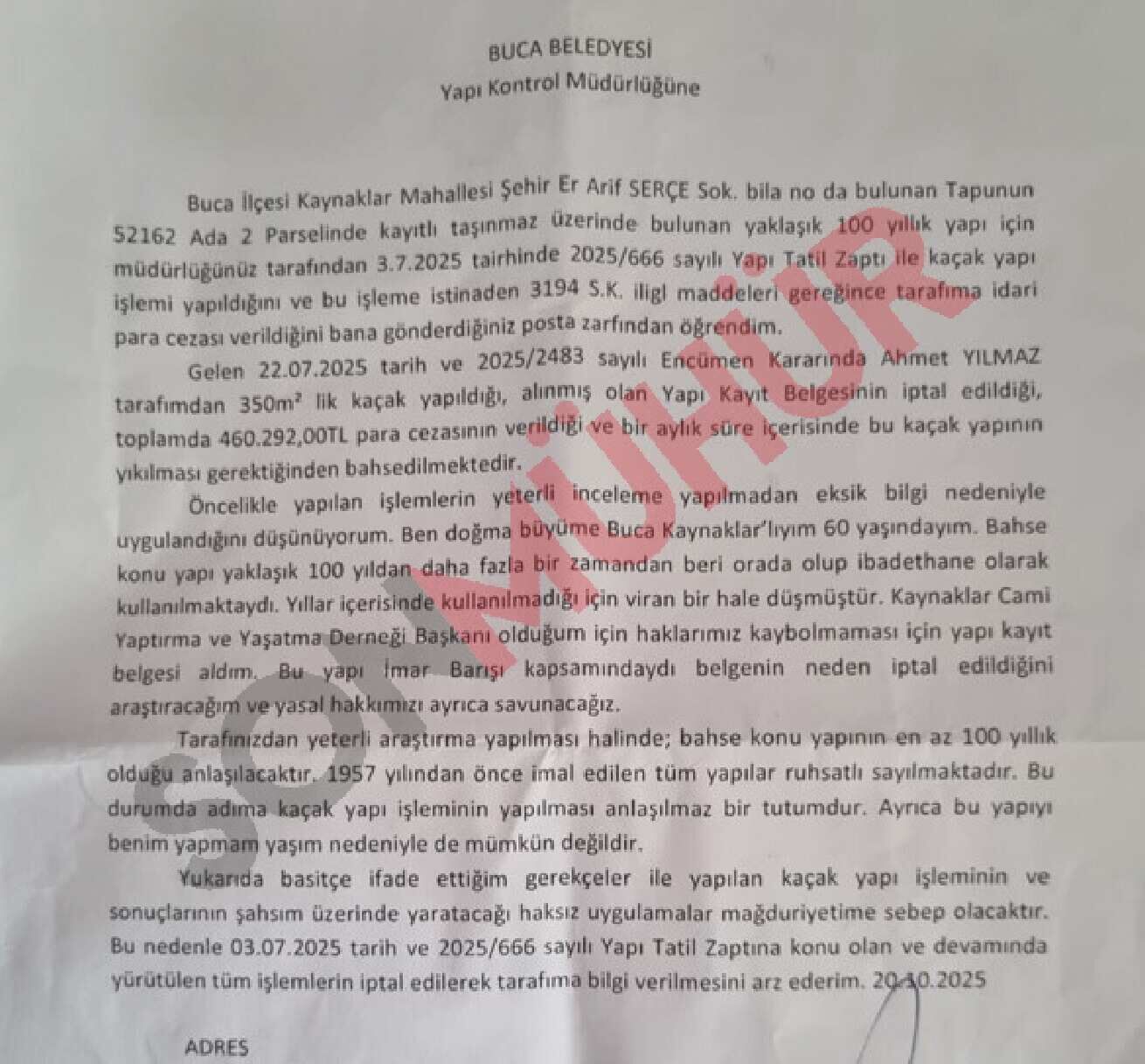 Ahmet Yılmaz itiraz dilekçesi