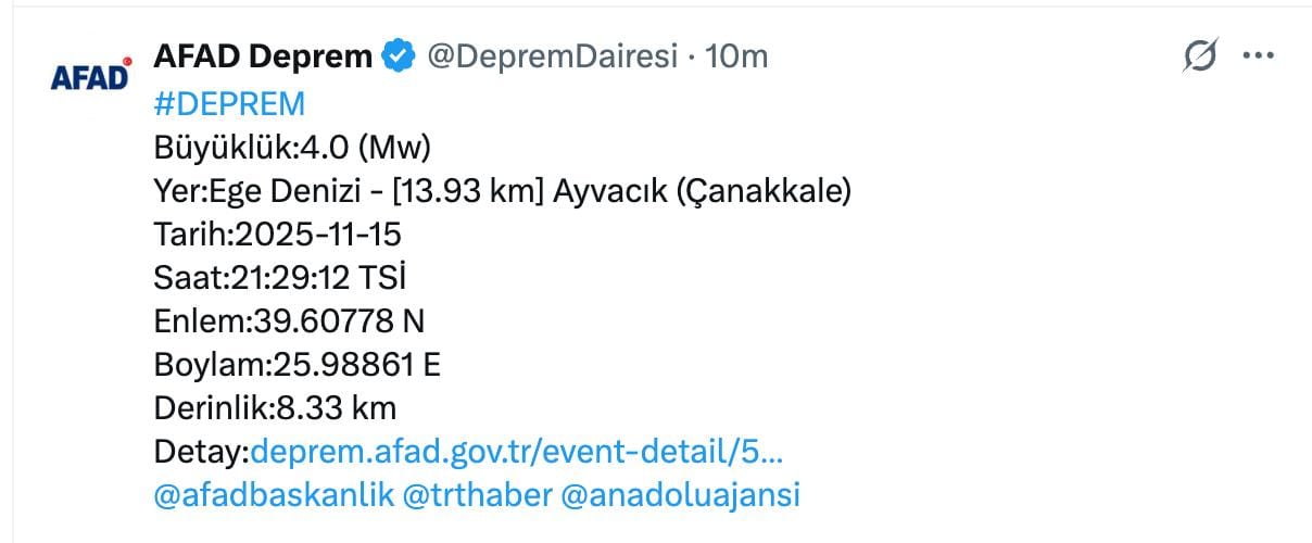 Ege Denizi'nde deprem meydana geldi