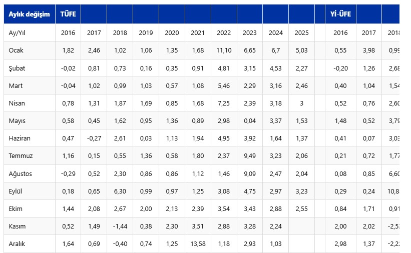 Enflasyonun aylık verileri