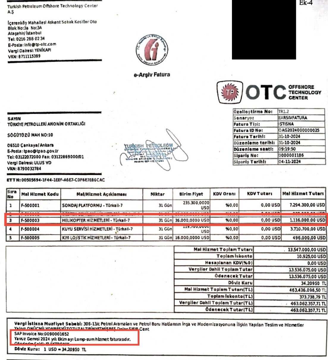 Yavuzyılmaz'ın yayınladığı fatura