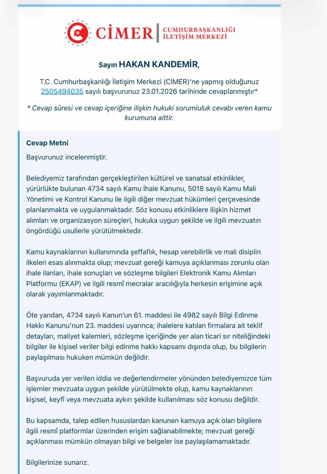 CİMER'den yanıt geldi