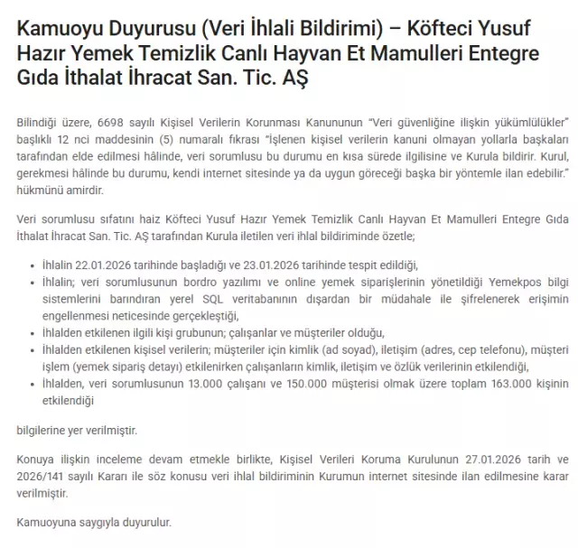 Köfteci Yusuf Veri Ihlali Bildirimi