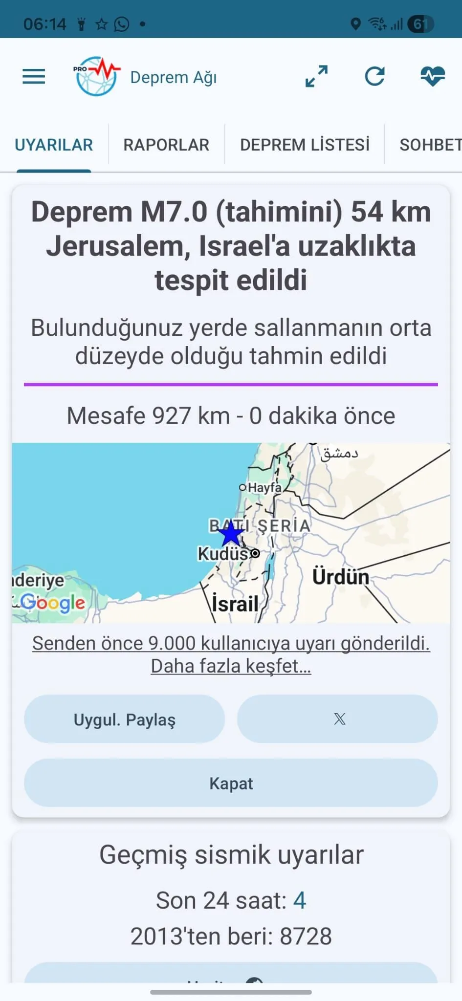 7 Büyüklüğünde Deprem Bildirimi