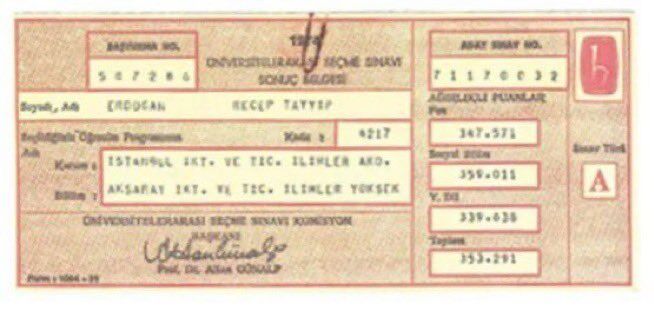 Cumhurbaşkanı Erdoğan'ın sınav sonuç belgesi