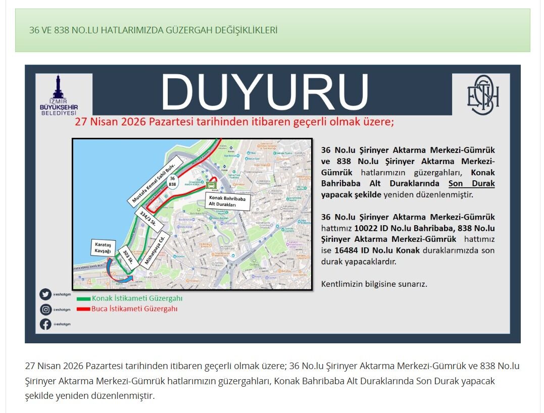 Konak ve Şirinyer hattında "Alt Durak" ayarı