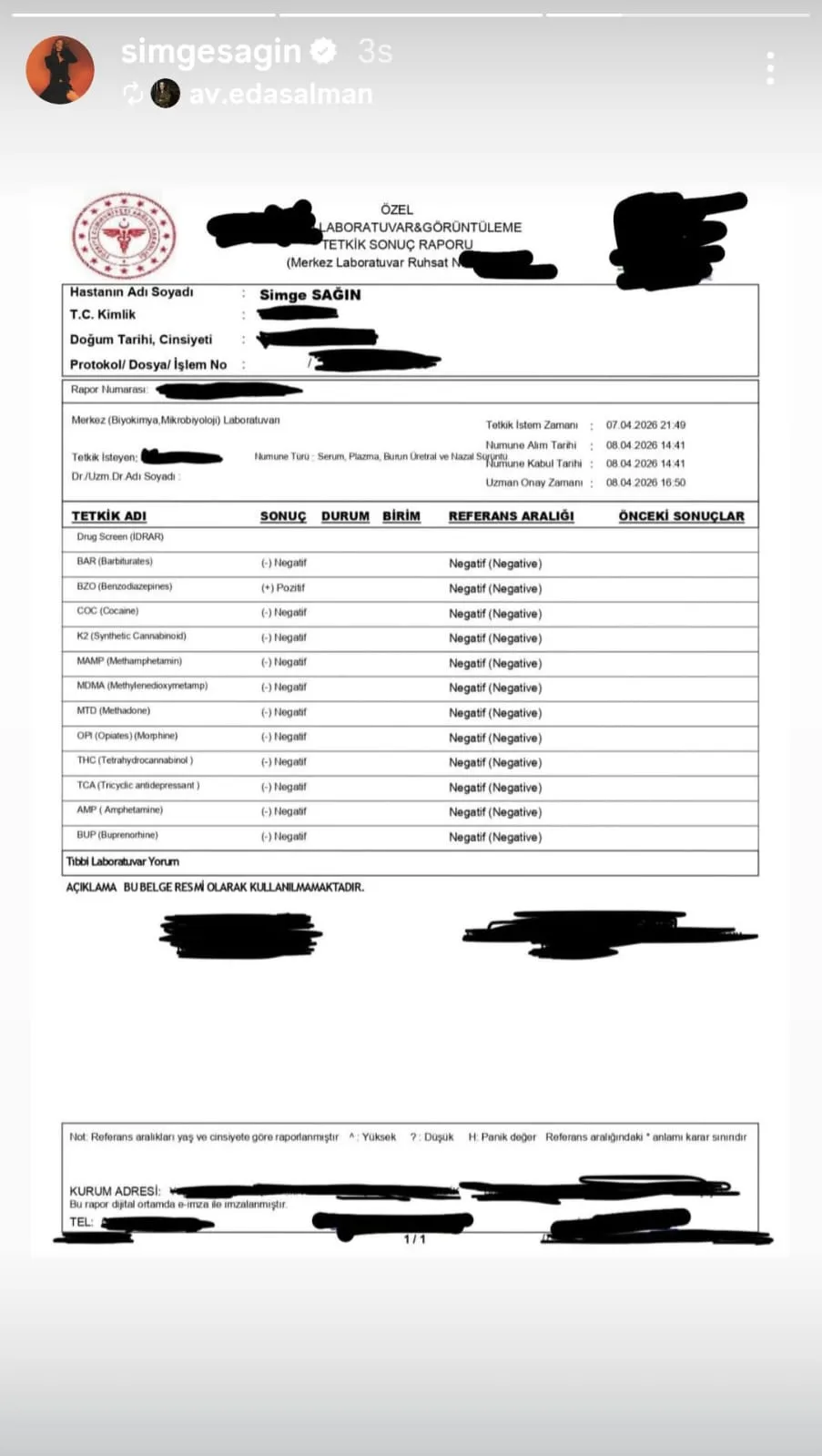 Simge Sağın Uyuşturucu Sonucu