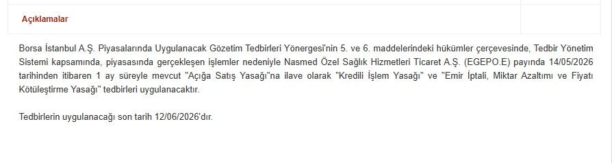KAP'a yapılan bildirim