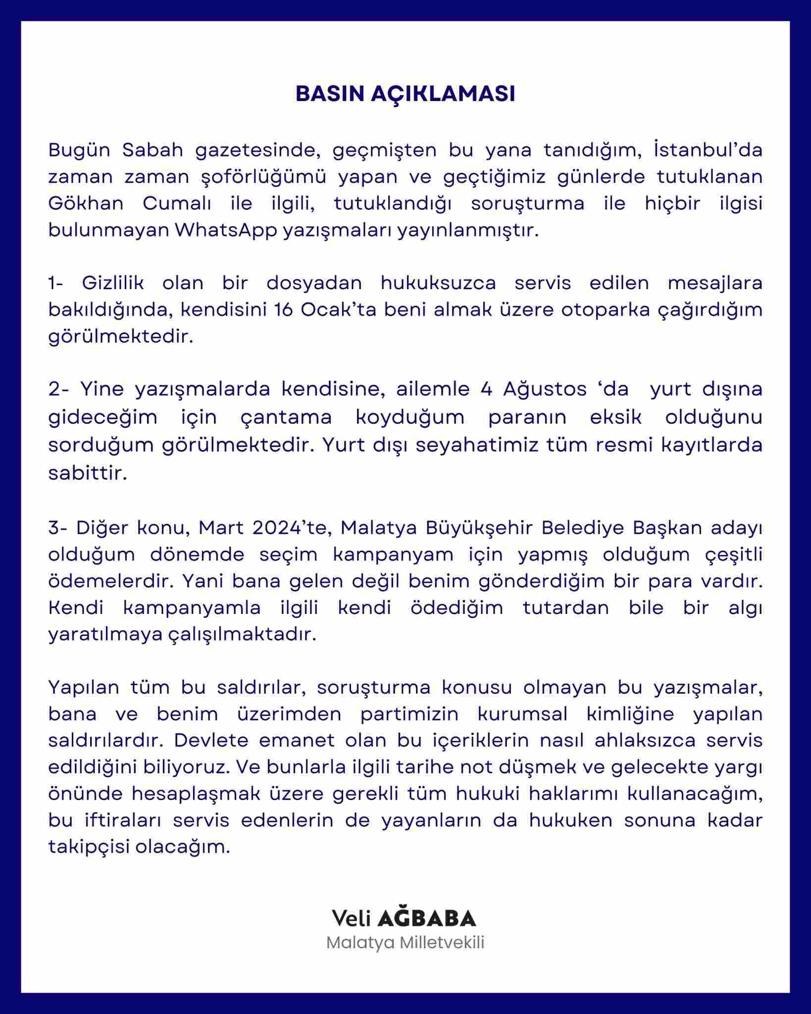 Veli Ağbaba iddialara açıklık getirdi