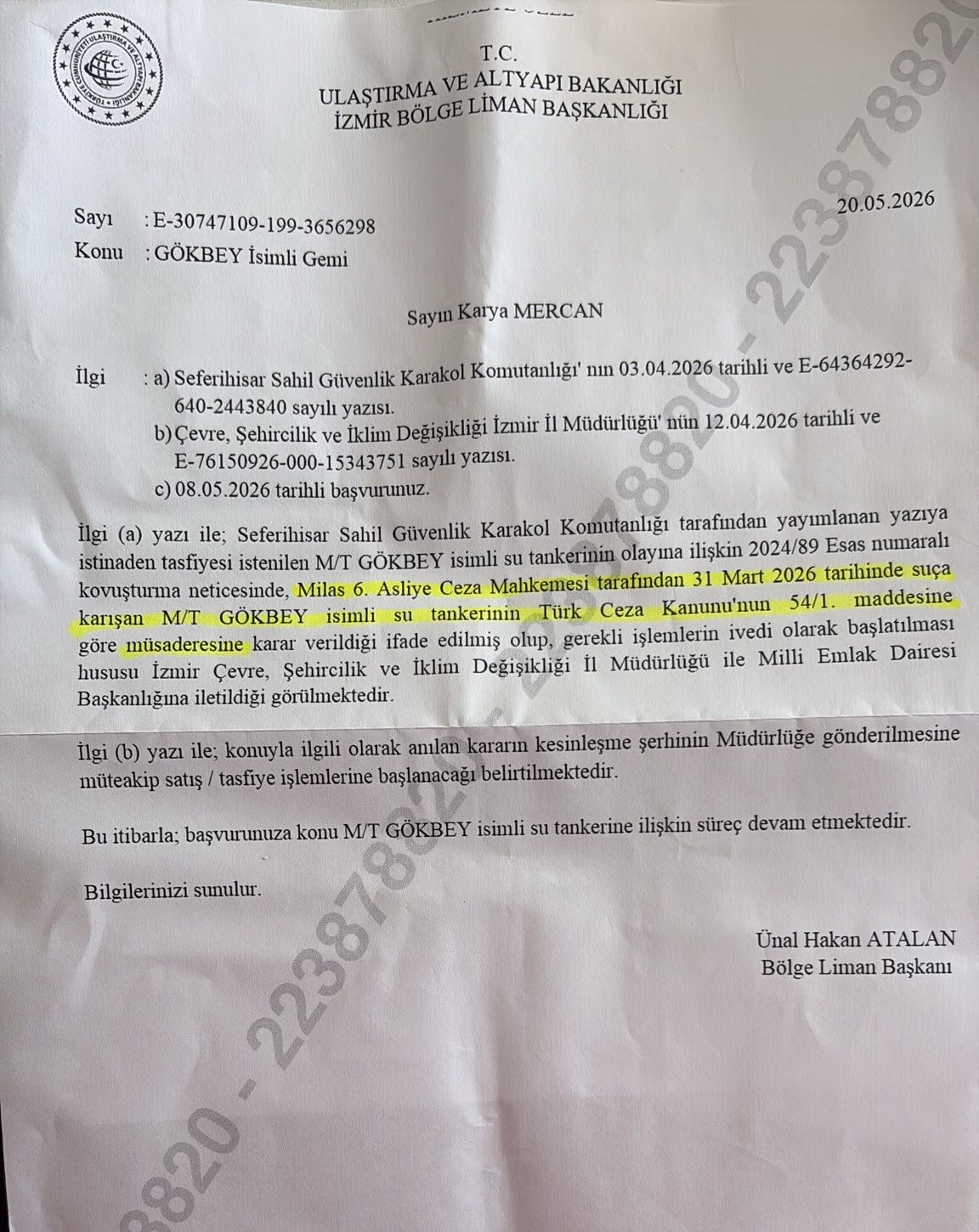 Urla Gökbey Resmi Yazı 1