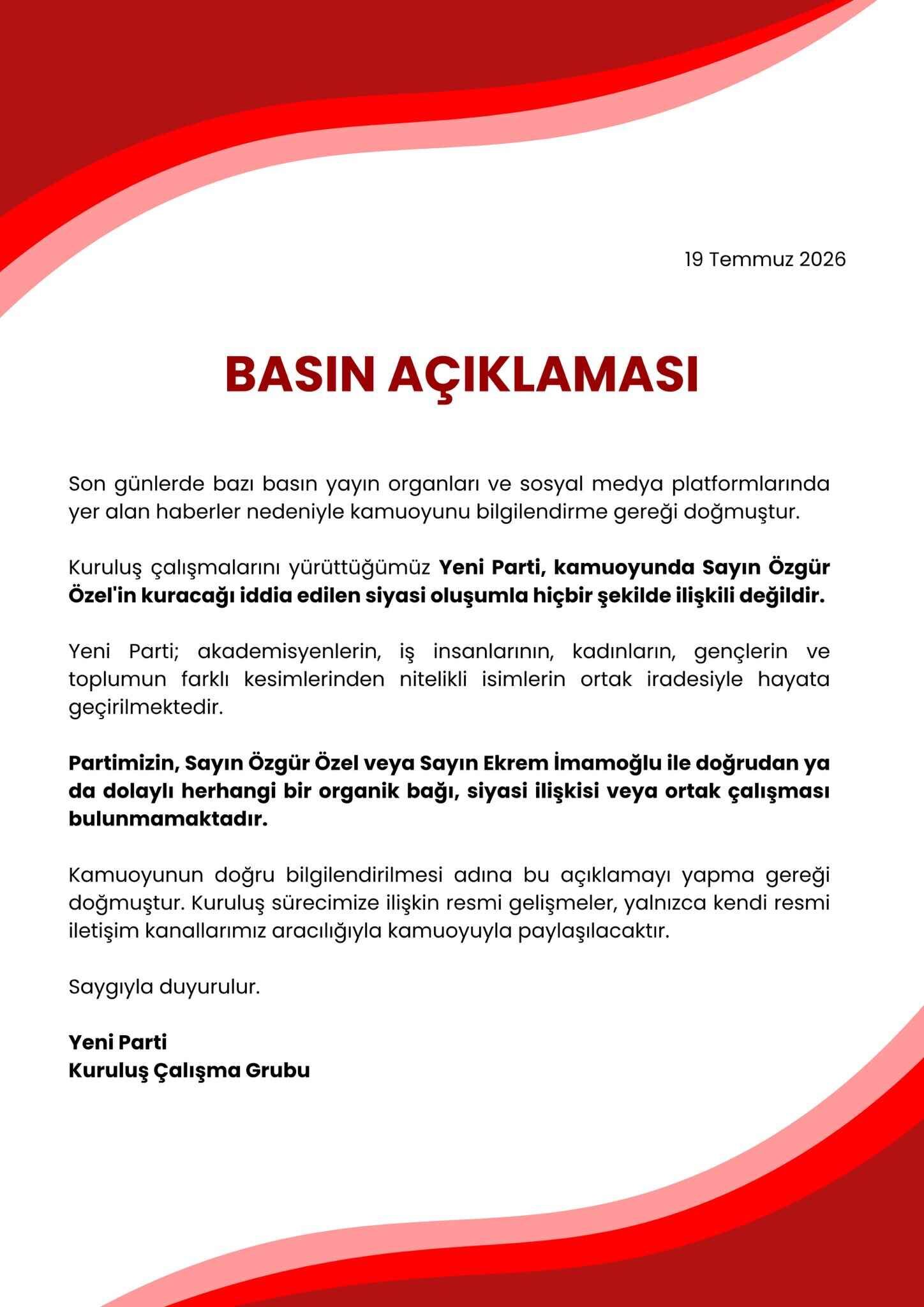 Yeni Parti açıklama